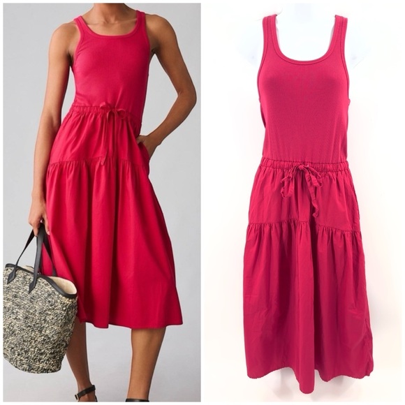 Nation LTD Frannie Midi Dress Size S Pink Organic Pima Cotton Stretch Pockets - Picture 1 of 14